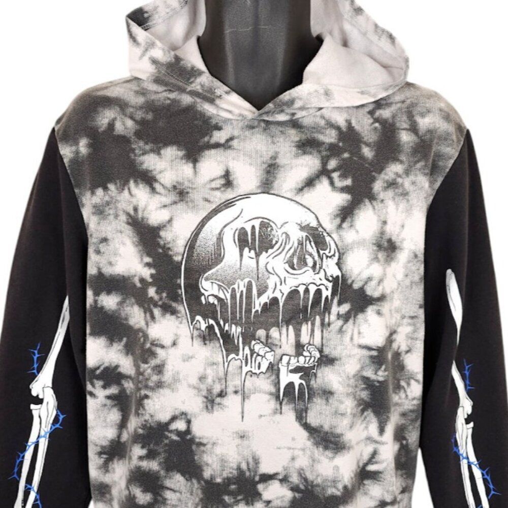 Melting Skull Skeleton Sweatshirt Hoodie Mens Size Medium Gray Black Tie Dye